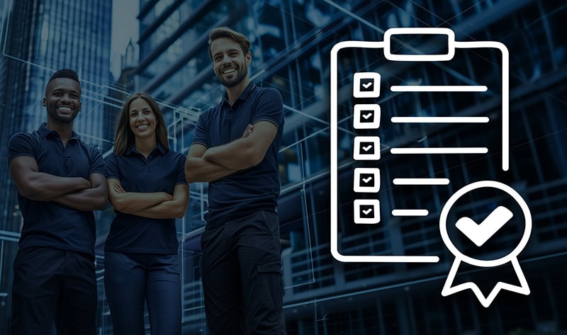 Three professional engineers standing confidently in a modern glass-fronted cityscape, overlaid with a white icon of a clipboard checklist and certification badge, symbolising quality assurance.