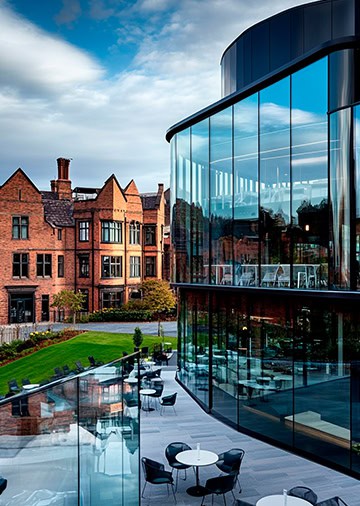 Modern office estate with glass and brick buildings – Boss Controls supports facilities management teams with reliable BMS expertise